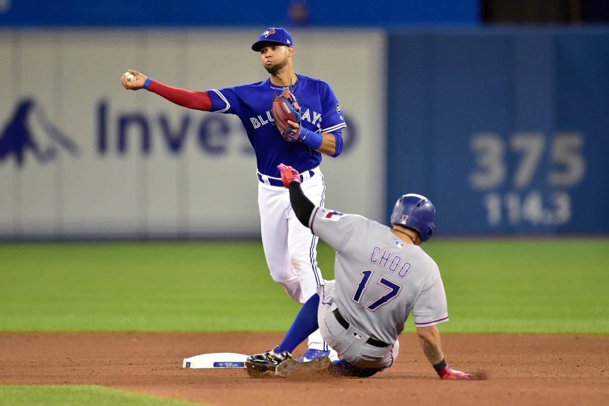 Toronto Blue Jays' second baseman Lourdes Gurriel, top, forces out Texas Rangers designated hitter Shin-Soo Choo (17) at second base before turning a double play during seventh-inning baseball game action in Toronto, Saturday, April 28, 2018.