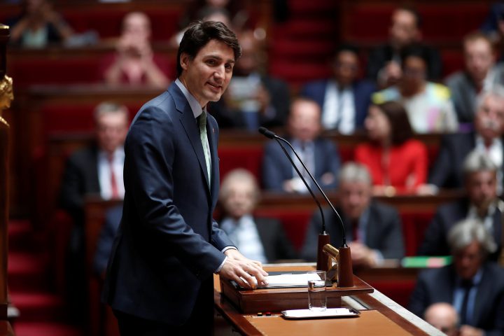 Justin Trudeau delivers a speech at the National Assembly in Paris, France, April 17, 2018. 