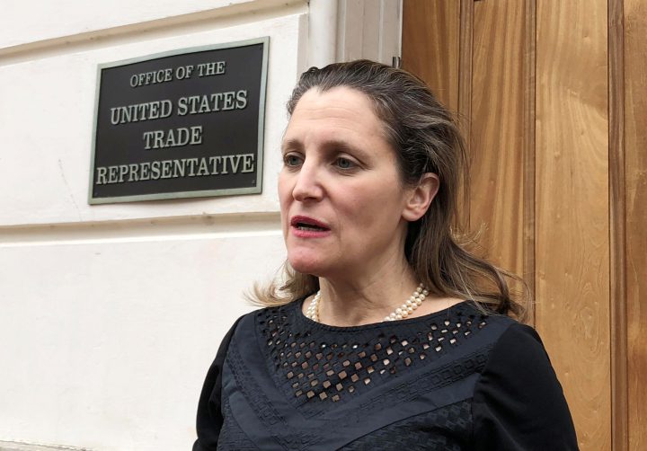 Chrystia Freeland speaks with reporters after meeting with U.S. Trade Representative Robert Lighthizer to discus NAFTA autos negotiations in Washington, D.C., April 25, 2018. 