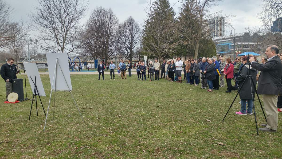 Londoners gather for a memorial to honour the lives lost to opioid addiction on April 27, 2018.