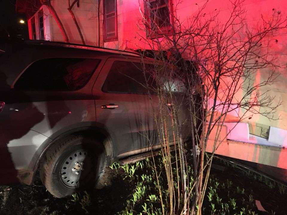 Fire officials found a car into the side of a home in Glace Bay on Saturday evening.