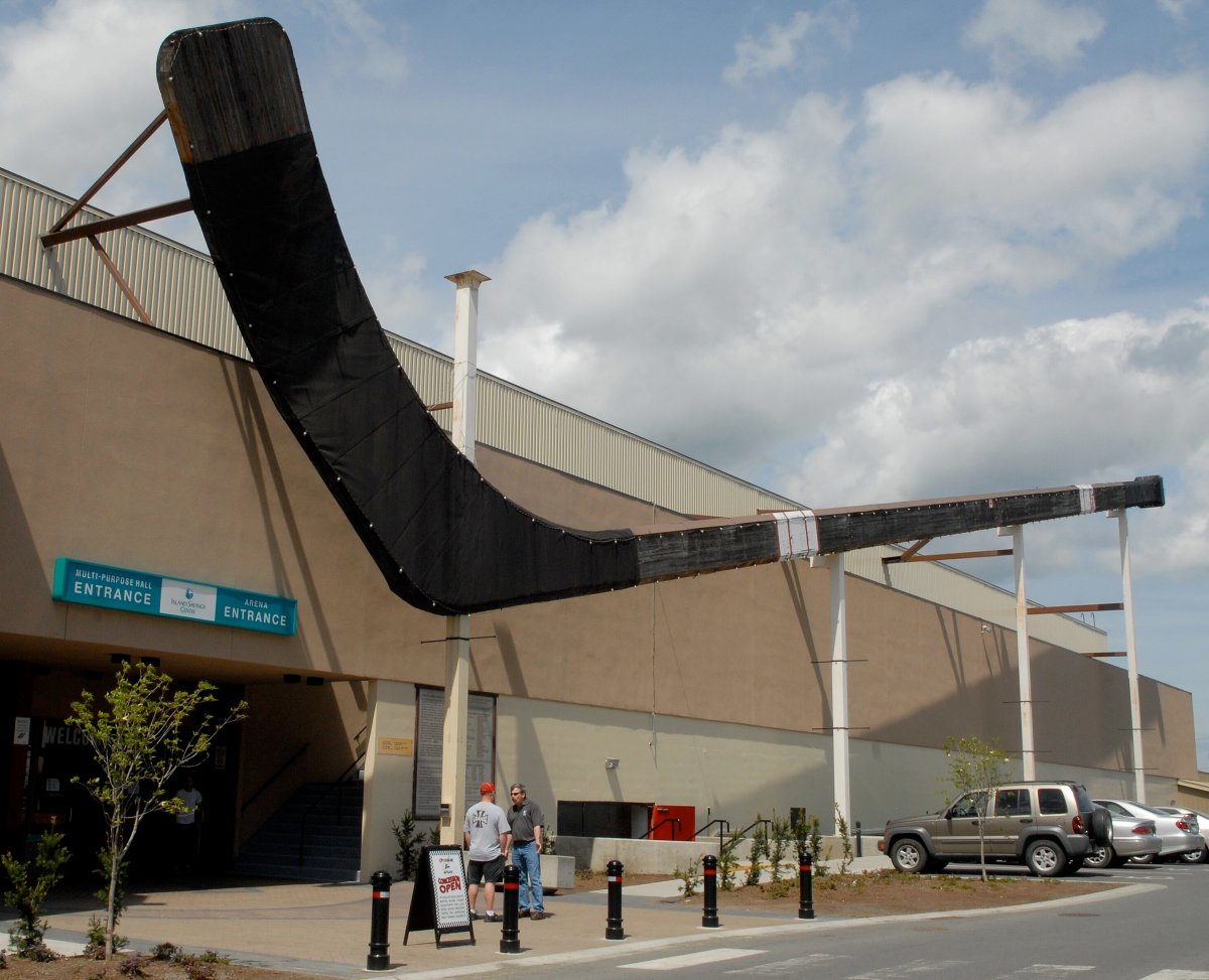 The world's largest hockey stick hangs over the entrance to the community centre arena in Duncan, BC, Canada.