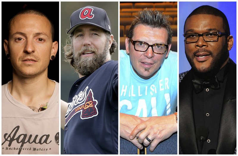 This combination of 2008-2017 photos shows Linkin Park co-lead vocalist Chester Bennington, Atlanta Braves pitcher R.A. Dickey, former NHL star Theo Fleury and film director Tyler Perry. They are among the male celebrities who have disclosed they were victims of sexual abuse. 

