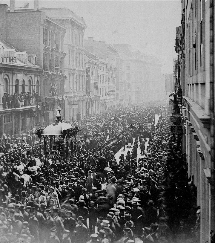 This file photo shows the funeral procession of the late Hon. Thomas D’Arcy McGee in Montreal on April 13, 1868. (James Inglis/The National Archives of Canada)