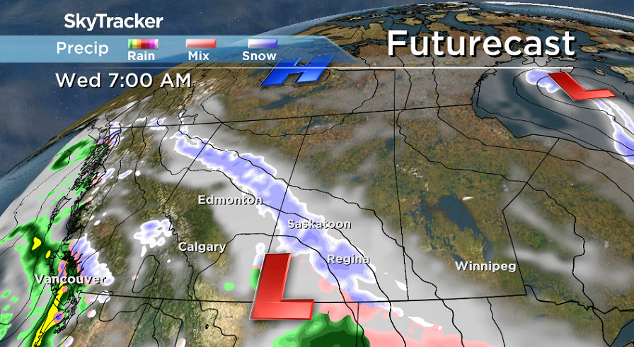 A low pressure system kicks up snow into the Saskatoon area on Wednesday.