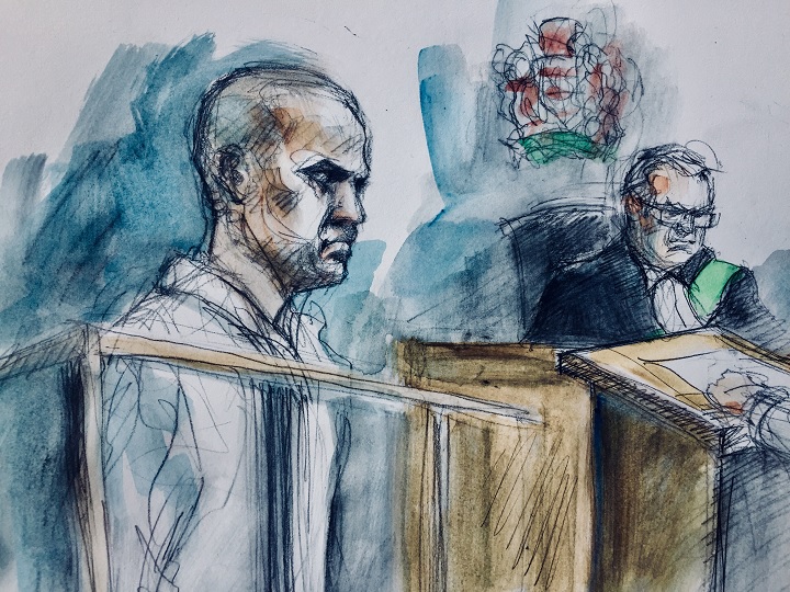 Alek Minassian, (left), and Justice of the Peace Stephen Waisberg, in a Toronto court on April 24, 2018.