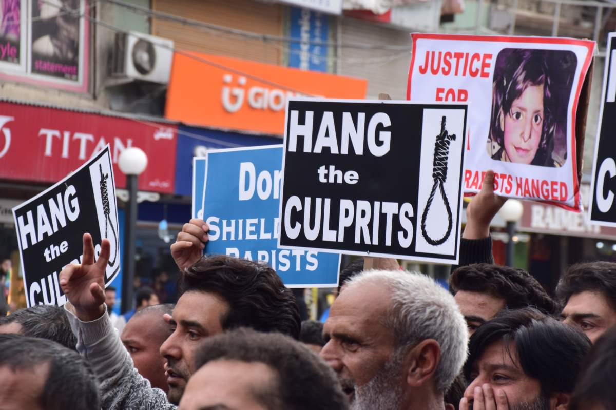 People holding placards for justice during a demonstration held on Saturday in the city centre of Srinagar against the Murder and rape of the minor Kathua girl. April 21, 2018.