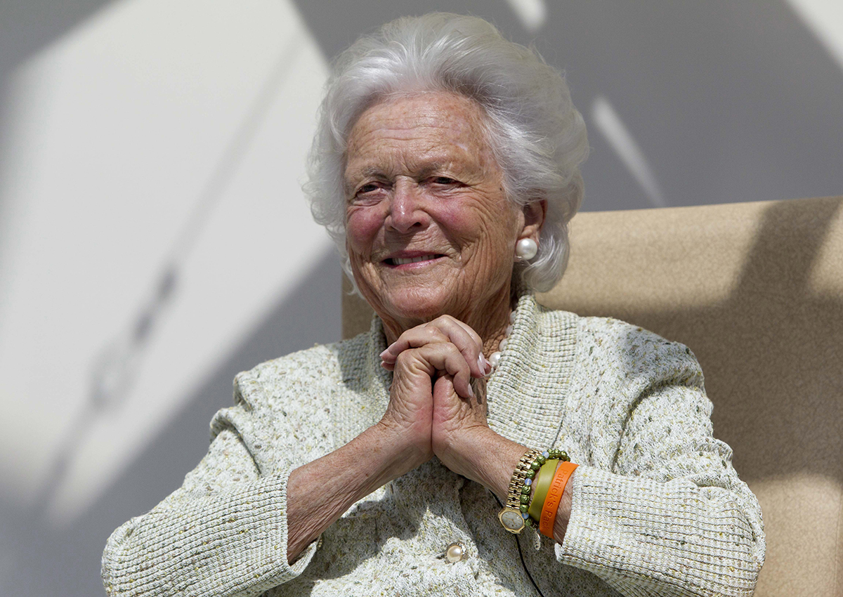 In a Thursday, Aug. 22, 2013, file photo, former first lady Barbara Bush listens to a patient's question during a visit to the Barbara Bush Children's Hospital at Maine Medical Center in Portland, Maine. 