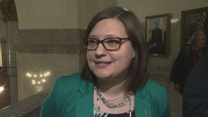 Alberta Associate Health Minister Brandy Payne speaks to a reporter on April 3, 2018.