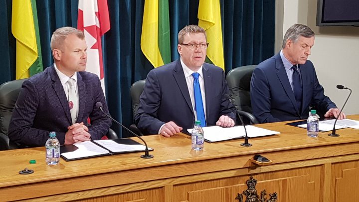 (From left to right) Saskatchewan's Environment Minister Dustin Duncan, Premier Scott Moe and Attorney General Don Morgan respond to the federal carbon tax.