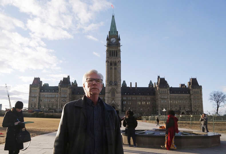 Minister of Natural Resources Jim Carr leaves Parliament Hill after speaking about the recent status of the Kinder Morgan pipeline expansion in Ottawa on Sunday, April 8, 2018. 