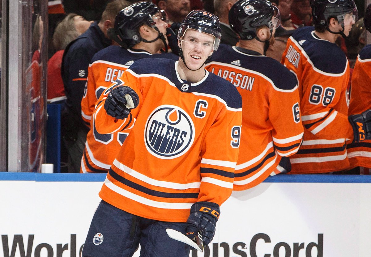 Edmonton Oilers' Connor McDavid (97) celebrates a goal against the Montreal Canadiens during first period NHL action in Edmonton, Alta., on Saturday, December 23, 2017. 