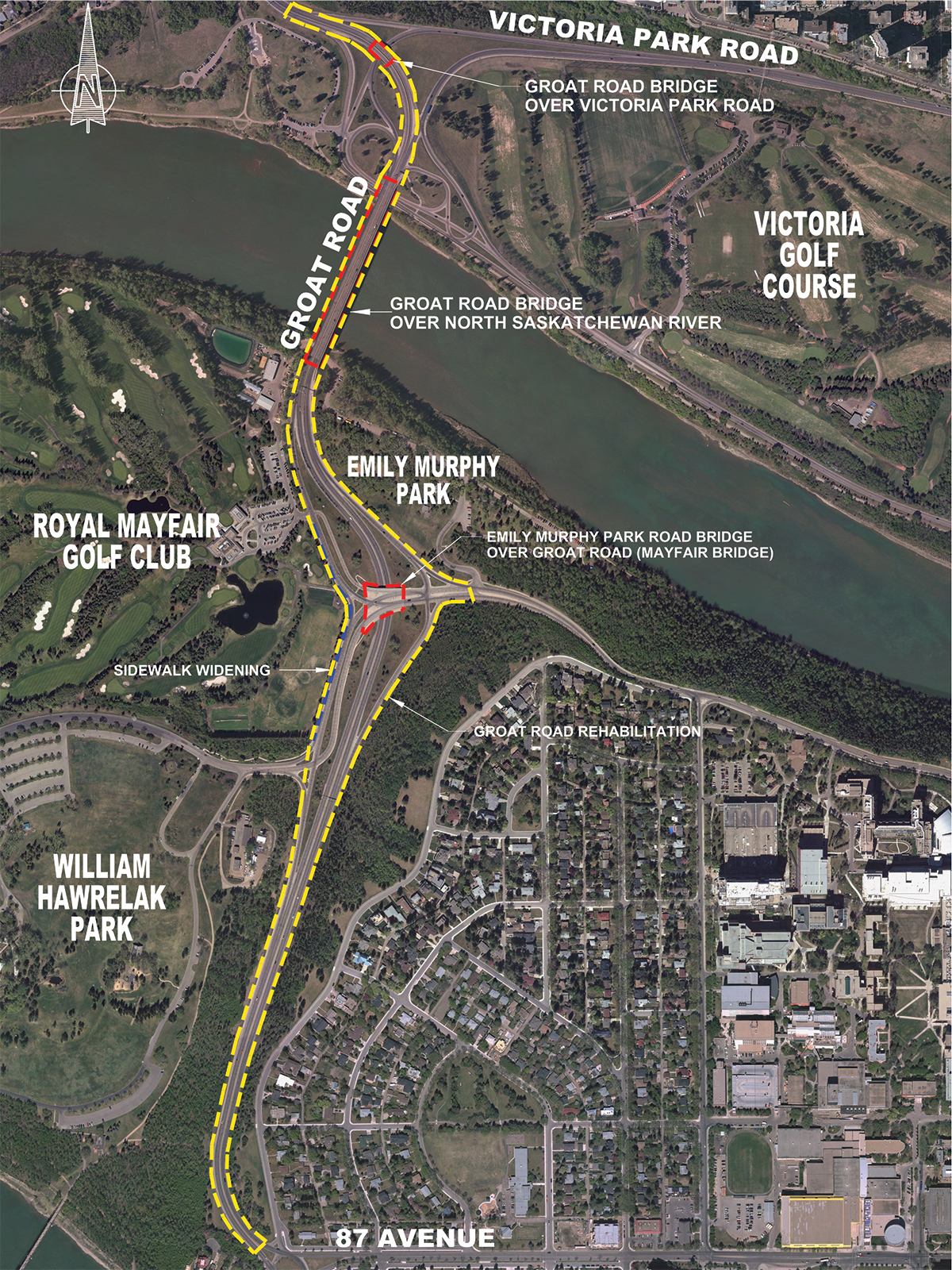 A map showing the Groat Road Bridge area rehabilitation project.