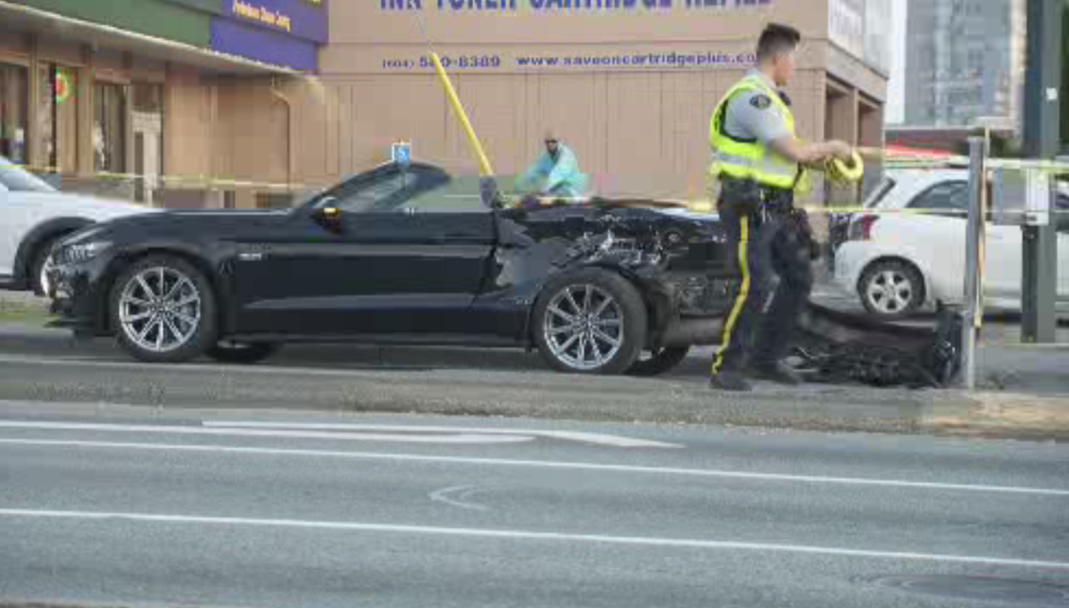 The side of a convertible, smashed up after a collision in Surrey on April 25, 2018.
