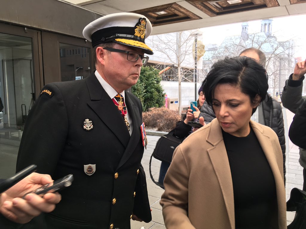 Vice-Adm. Mark Norman, the second-in-command of the Canadian military, speaks with reporters beside his lawyer, Marie Henein, outside the Ottawa court house on April 10, 2017.