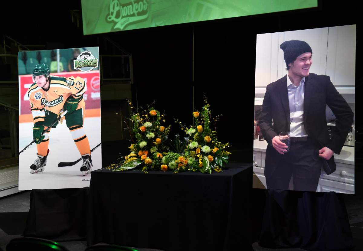 A memorial for Jaxon Joseph, one of the four Edmonton-area Humboldt Broncos players honoured in a public celebration of the lives at Rogers Place on Tuesday, April 17, 2018.