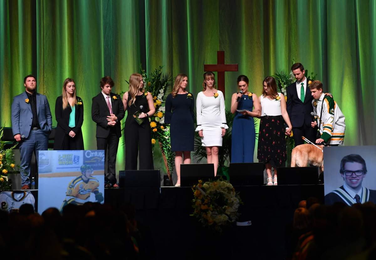 The families of four Edmonton-area Humboldt Broncos players hosted a public celebration of the lives of Jaxon Joseph, Logan Hunter, Parker Tobin and Stephen Wack at Rogers Place on Tuesday, April 17, 2018.
