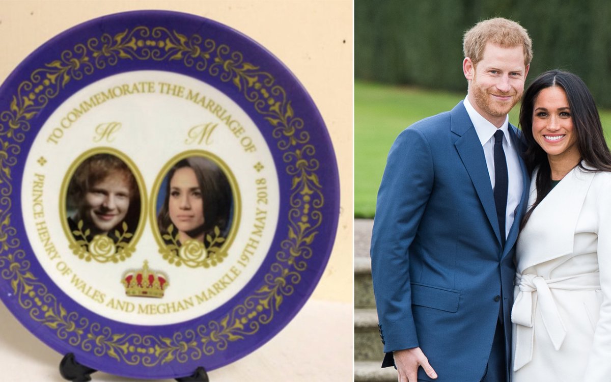(L-R): Ed Sheeran and Meghan Markle on a royal wedding plate and Prince Harry.