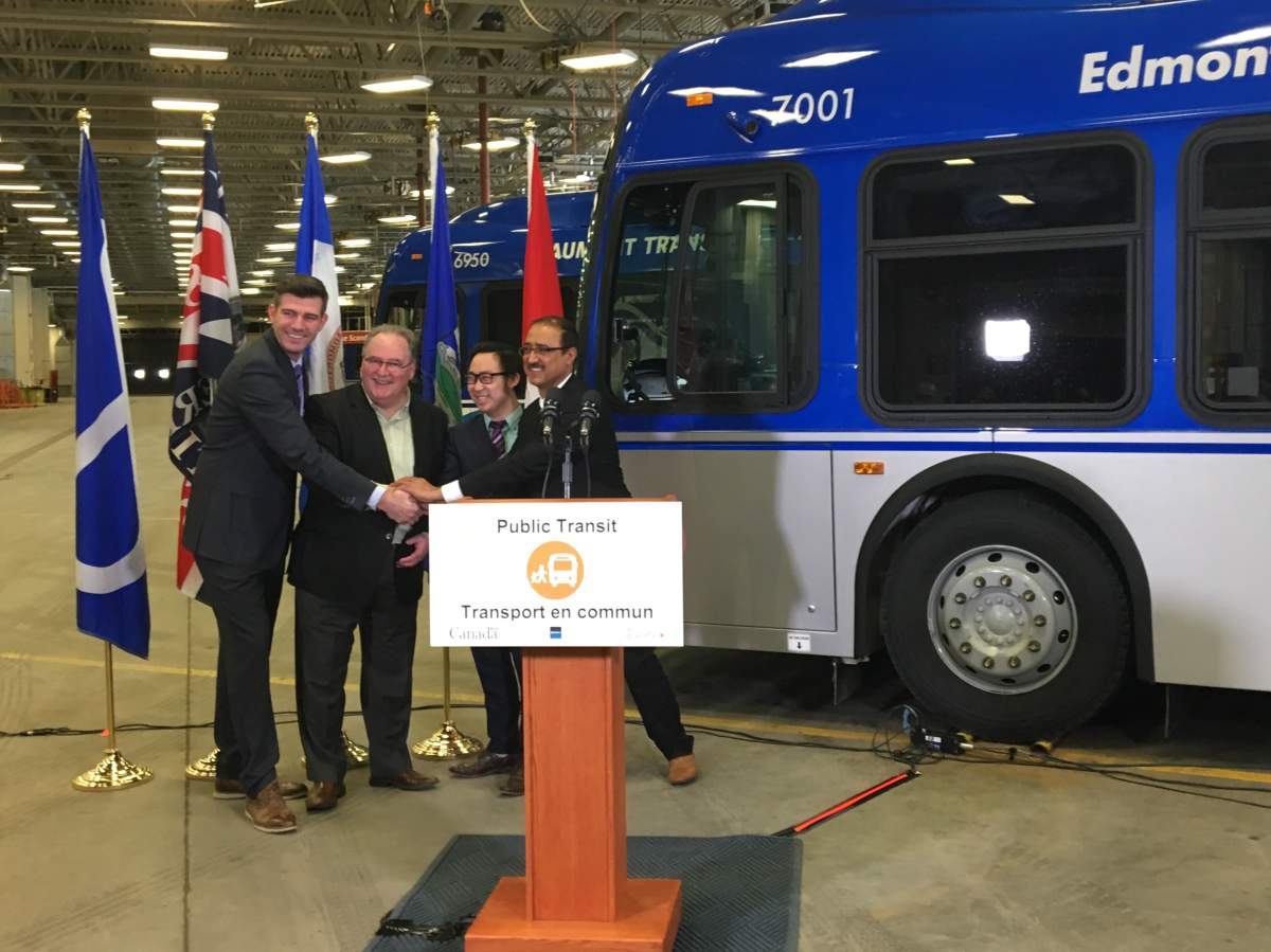 From left to right: Edmonton mayor Don Iveson, Alberta Transportation Minister Brian Mason, Edmonton-South West MLA Thomas Dang, and Federal Infrastructure Minister Amarjeet Sohi at the Edmonton Transit System Centennial garage. April 13, 2018.