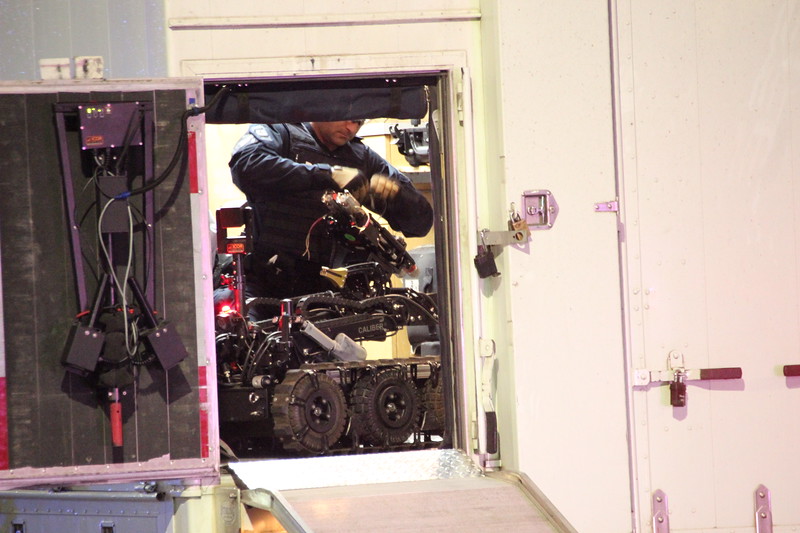 Surrey RCMP prepares its bomb disposal robot to destroy a suspicious package. 