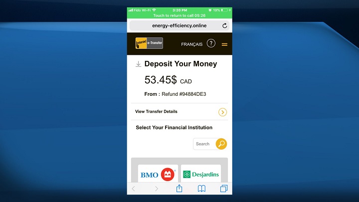 A screenshot shows a phishing attempt where scammers pretend to be from Energy Efficiency Alberta in an attempt to get personal banking details. 