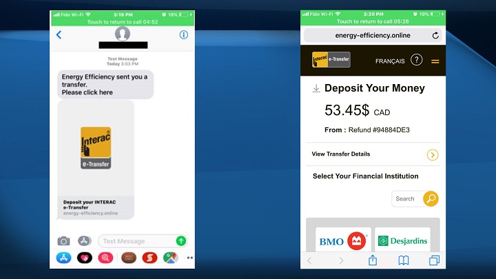Screenshots show a phishing attempt where scammers pretend to be from Energy Efficiency Alberta in an attempt to get personal banking details.