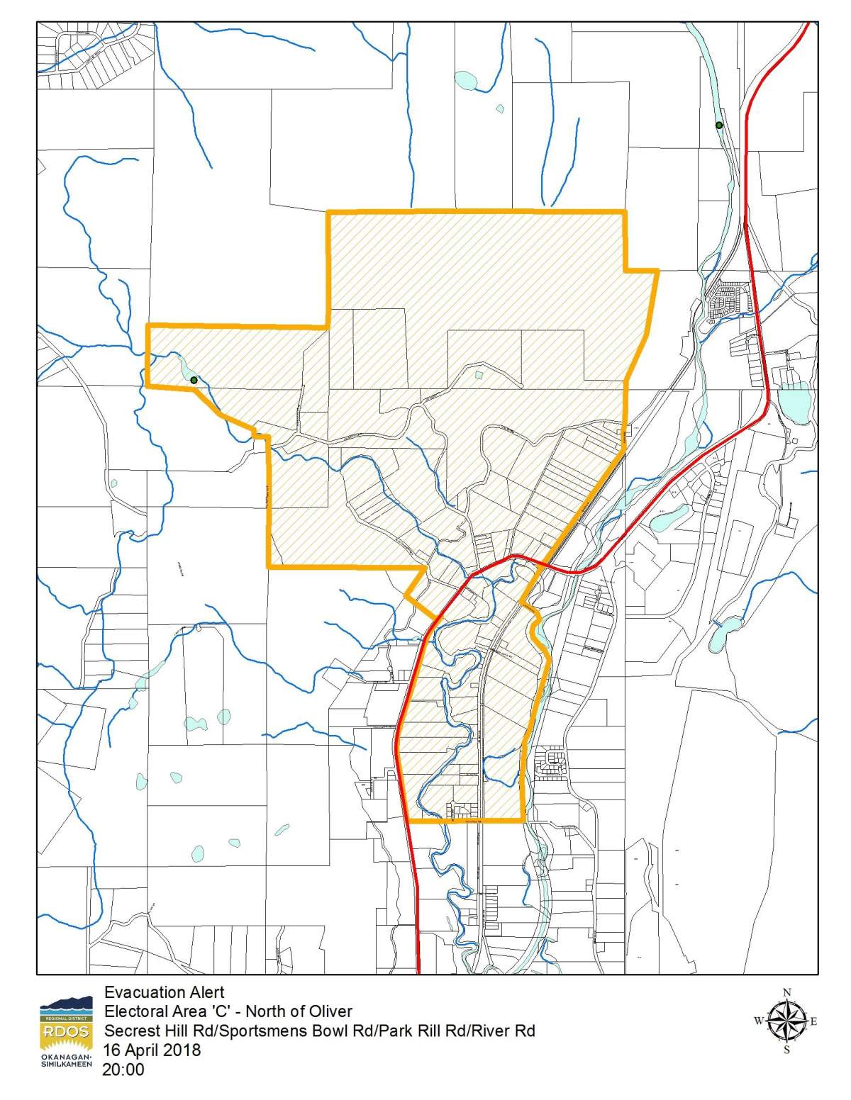 Expanded Sportsmens Bowl evacuation alert as mapped by the RDOS Monday night. 