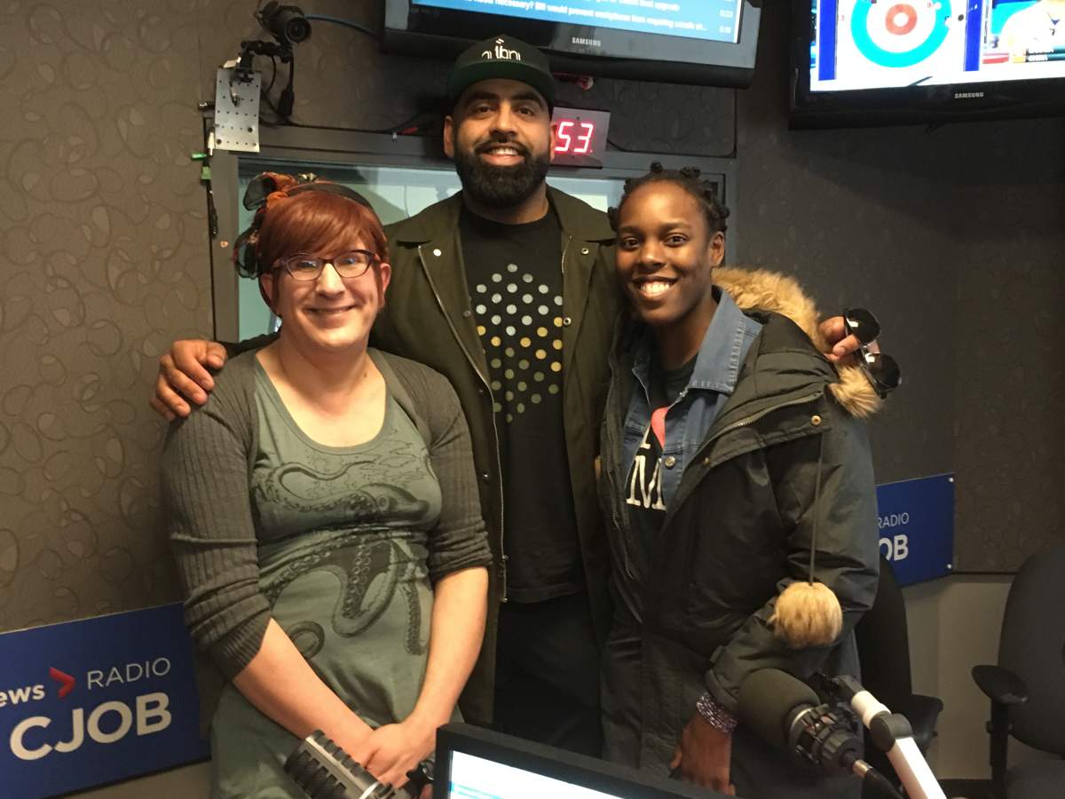 Left to right: Comedian Lara Rae, Former Winnipeg Blue Bomber Obby Khan and student activist Sappfyre McLeod.