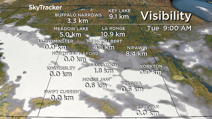 Fog is expected to reduce visibility at times Tuesday morning in central Saskatchewan.