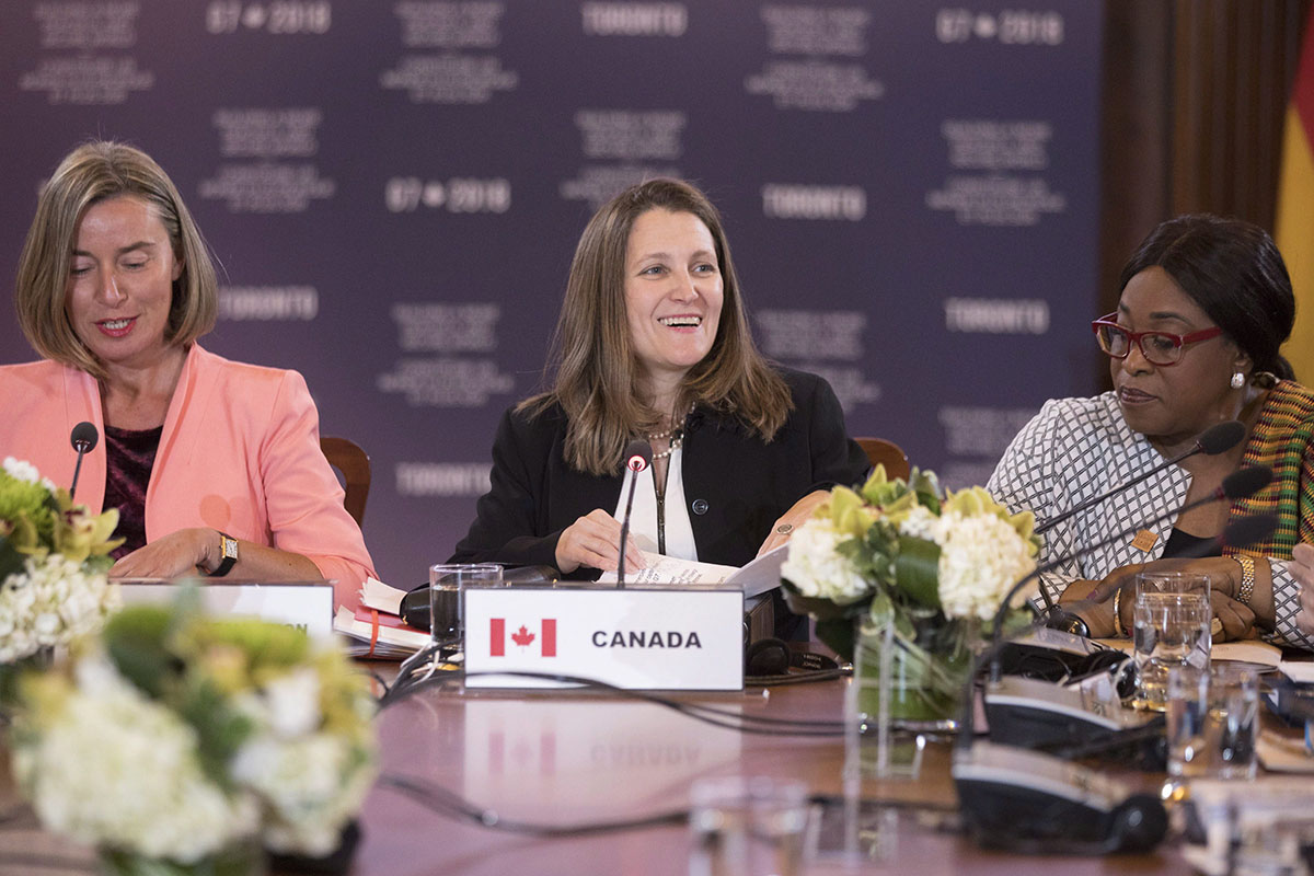 Canadian Minister of Foreign Affairs Chrystia Freeland (centre) sits alongside Federica Mogherini (left) High Representative of the European Union for Foreign Affairs and Security Policy, and Shirley Ayorkor Botchway (right) Ghana's Minister of Foreign Affairs during a G7 Outreach session with non-G7 Women Foreign Ministers, in Toronto on Sunday, April 22, 2018.
