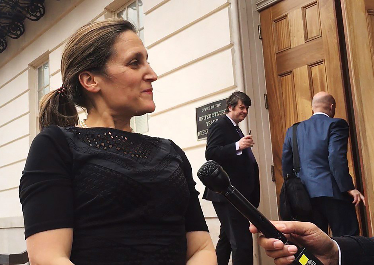 Minister of Foreign Affairs, Chrystia Freeland, speaks with media in Washington, D.C. on Tuesday, April 24, 2018. 