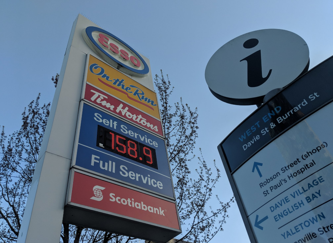 The price of gas at the Esso station at Davie and Burrard on Wednesday April 25, 2018.
