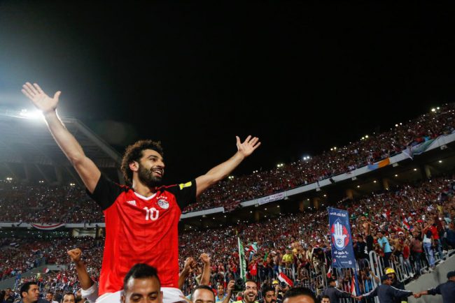 Egypt’s Mohamed Salah celebrating World Cup qualification and victory over Congo during the 2018 World Cup group E qualifying soccer match at Borg El Arab Stadium in Alexandria, Egypt, Oct. 8, 2017.