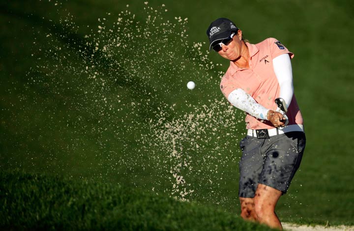Alena Sharp hits out of the bunker during the LPGA Tour ANA Inspiration golf tournament on March 30, 2018, in Mirage, Calif.