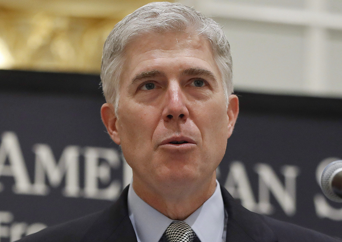 This Sept. 28, 2017, file photo shows Supreme Court Justice Neil Gorsuch speaking at the 50th anniversary of the Fund for America Studies luncheon at the Trump Hotel in Washington. 