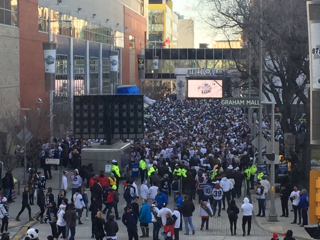 Winnipeg Jets fans gather ahead of Game 2 against Minnesota.