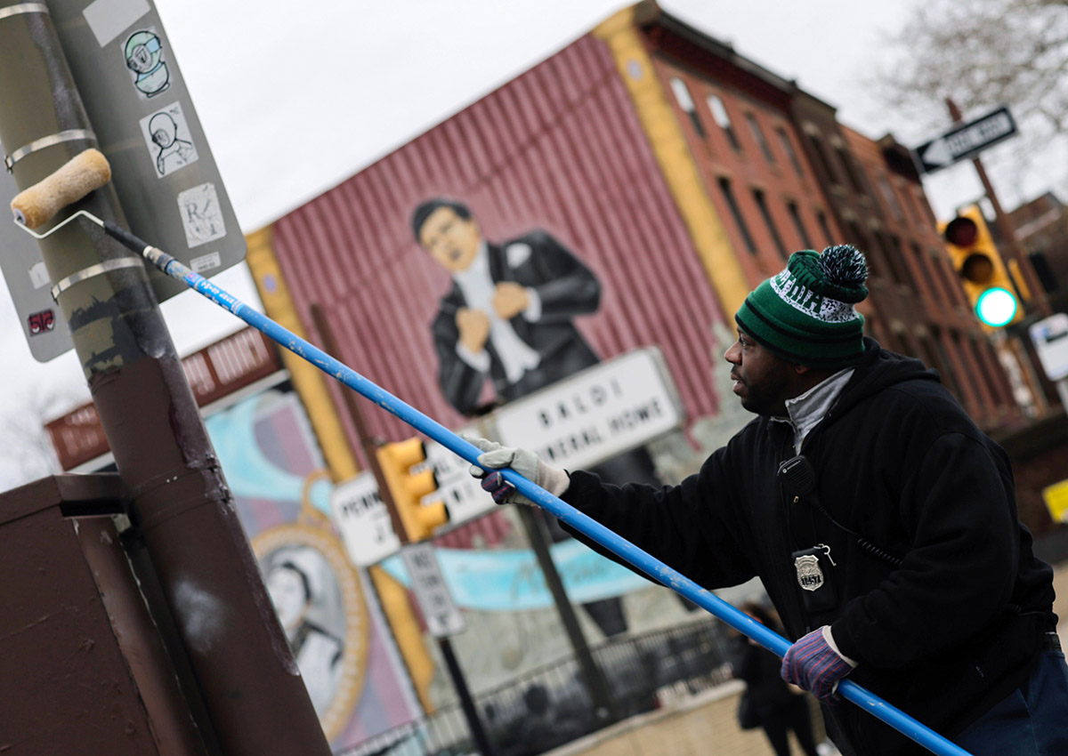 Utility poles were also greased in Philadelphia ahead of the Super Bowl.