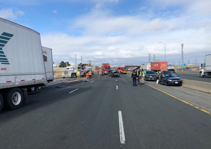 Two people were injured following a multi-vehicle crash on Highway 401 in Mississauga on April 19, 2018.