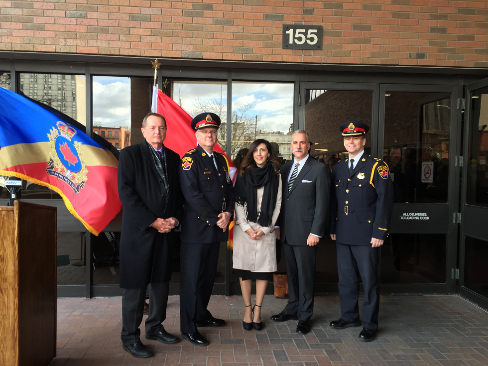 The Hamilton Police Service board has appointed Frank Bergen (second from right) as the new deputy chief and Anna Filice (centre) as the service's new chief administrative officer.