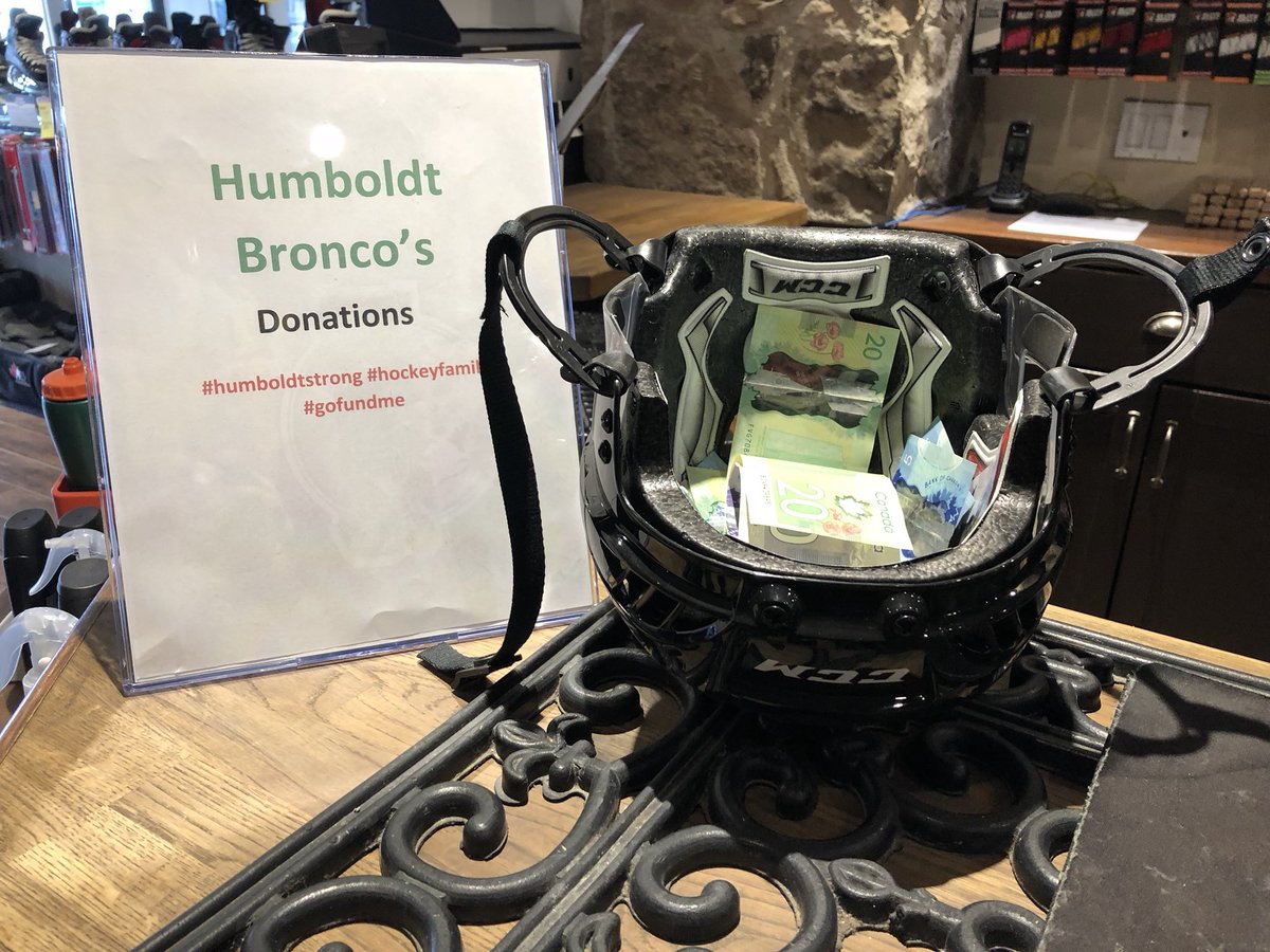 The Source For Sports on Carden Street in Guelph has set up a helmet to collect donations for the Humboldt Broncos' GoFundMe page.
