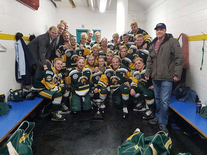 Members of the Humboldt Broncos junior hockey team are shown in a photo posted to the team Twitter feed, on March 24, 2018 after a playoff win over the Melfort Mustangs.