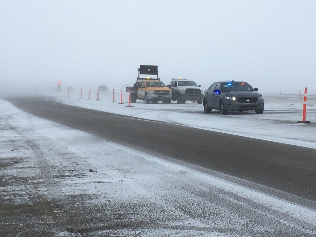 Highway 1 westbound at Pinkie Road. Members are currently detouring traffic at the Pinkie Road overpass and are also present at Grand Coulee.