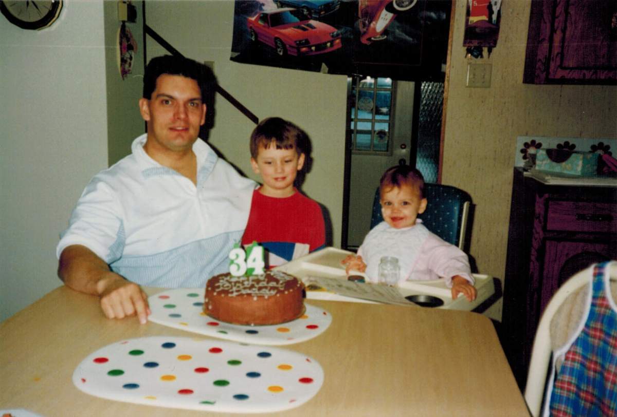 Iain Armstrong, on his 34th birthday, with his young children Dana and Sean in 1991.