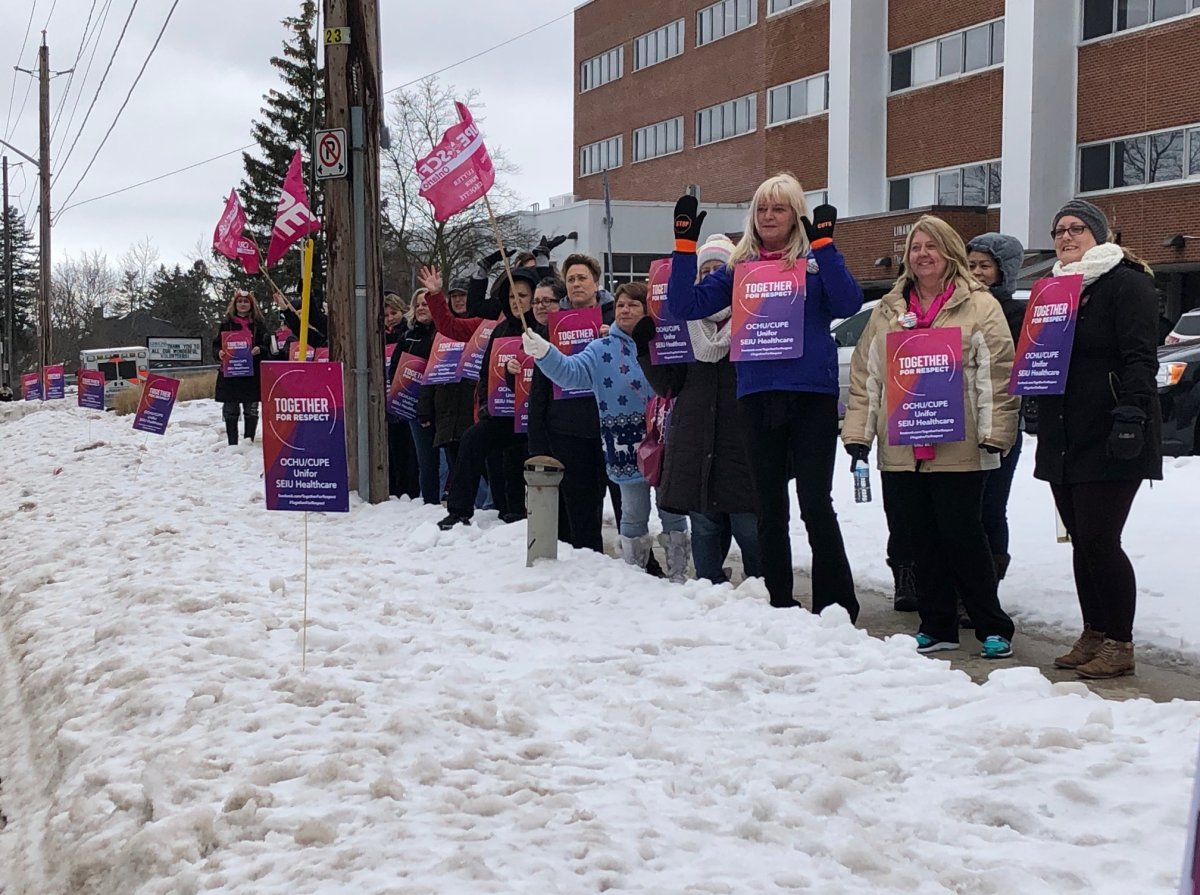 Health care workers with CUPE Local 57 rally outside Guelph General Hospital on Wednesday as part of a province-wide demonstration calling for fairness in contract negotiations.  