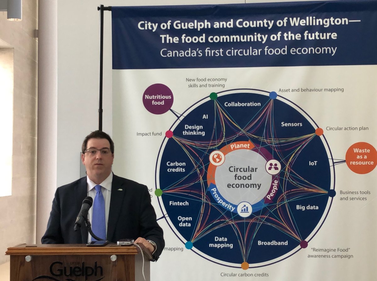 Guelph Mayor Cam Guthrie introduces the city's and Wellington County's pitch for  the federal government's Smart Cities Challenge at a news conference at City Hall on Friday morning.