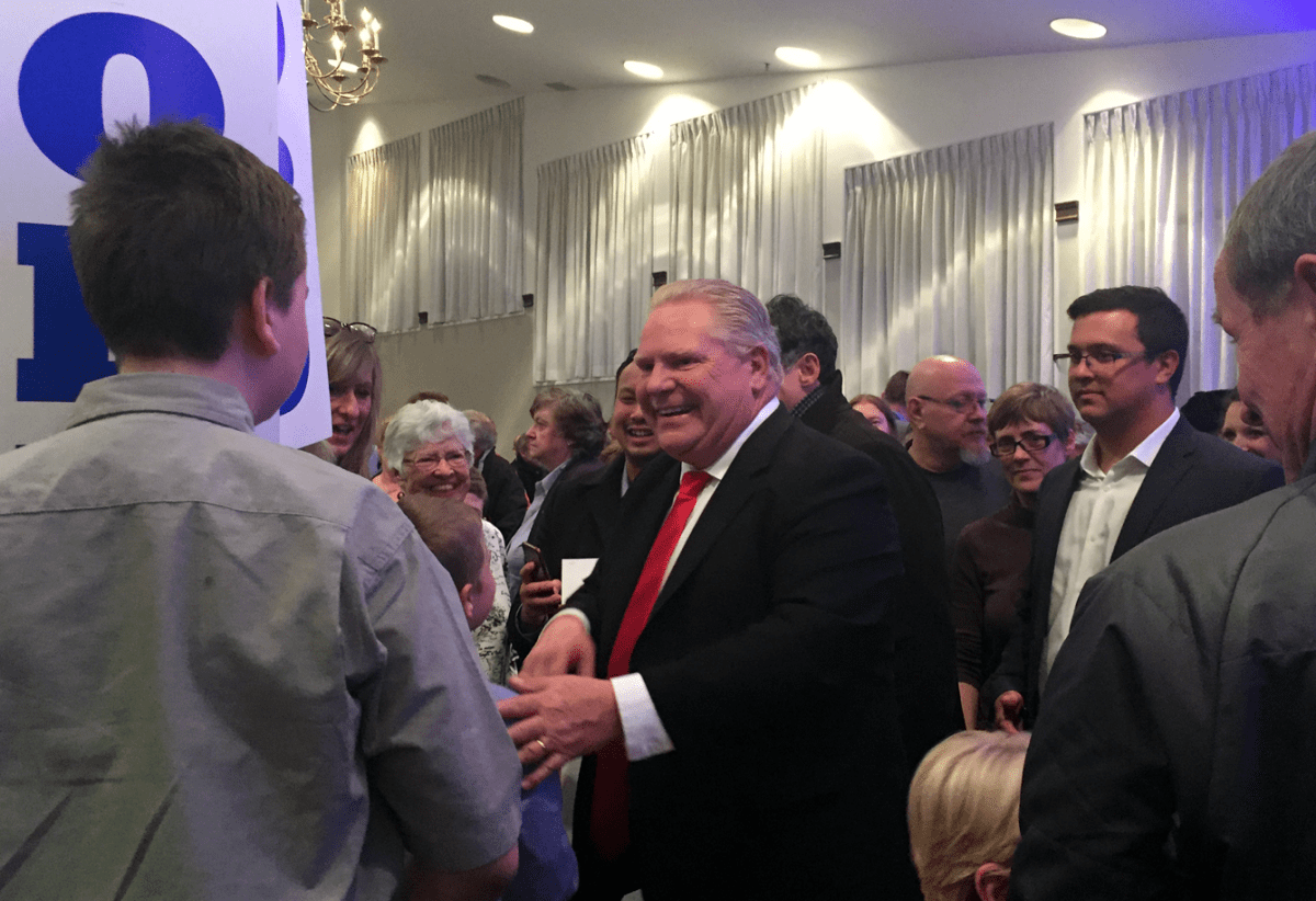 Ontario PC leader Doug Ford greeted supporters at a rally at Carmen's Banquet Centre on Tuesday evening.