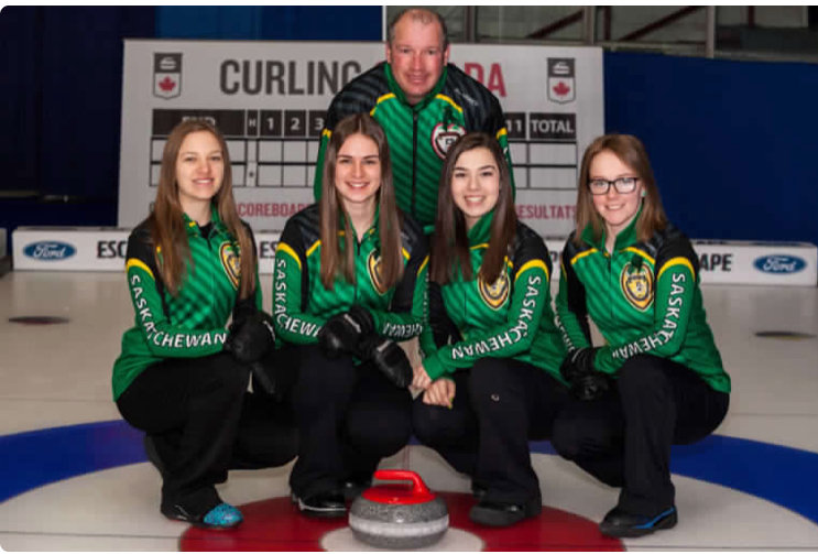 Team Saskatchewan (L-) Moose Jaw's Skylar Ackerman, Saskatoon's Madison Johnson, Coach Patrick Ackerman, Gravelbourg's Chantel Hoag, and Moose Jaw's Samantha McLaren.