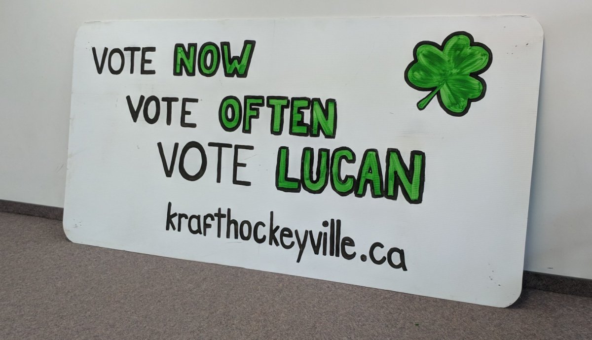 Signs promoting Lucan for Hockeyville 2018 plastered businesses in the community.