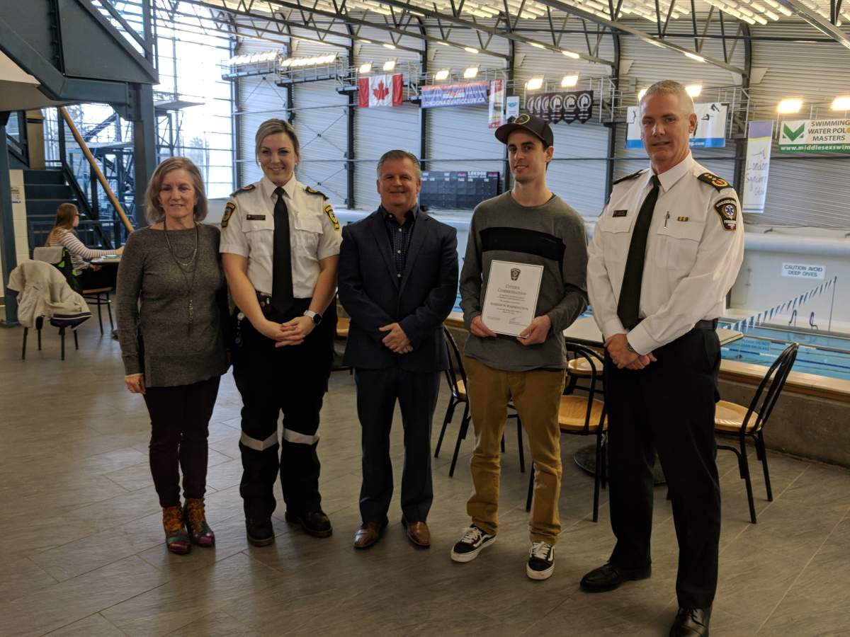 (L-R) Parks and Recreation Div. Manager Lynn Loubert, public education coordinator with the Middlesex London Paramedic Service Miranda Bothwell, Corporate Security and Emergency Management Div. Manager Dave O’Brien, Harrison Warmington, Deputy Chief of Middlesex London EMS Al Hunt.