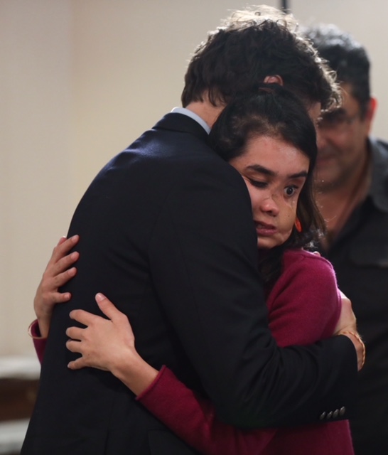 Prime Minister Justin Trudeau hugs Shakila Zareen on April 5, 2018.